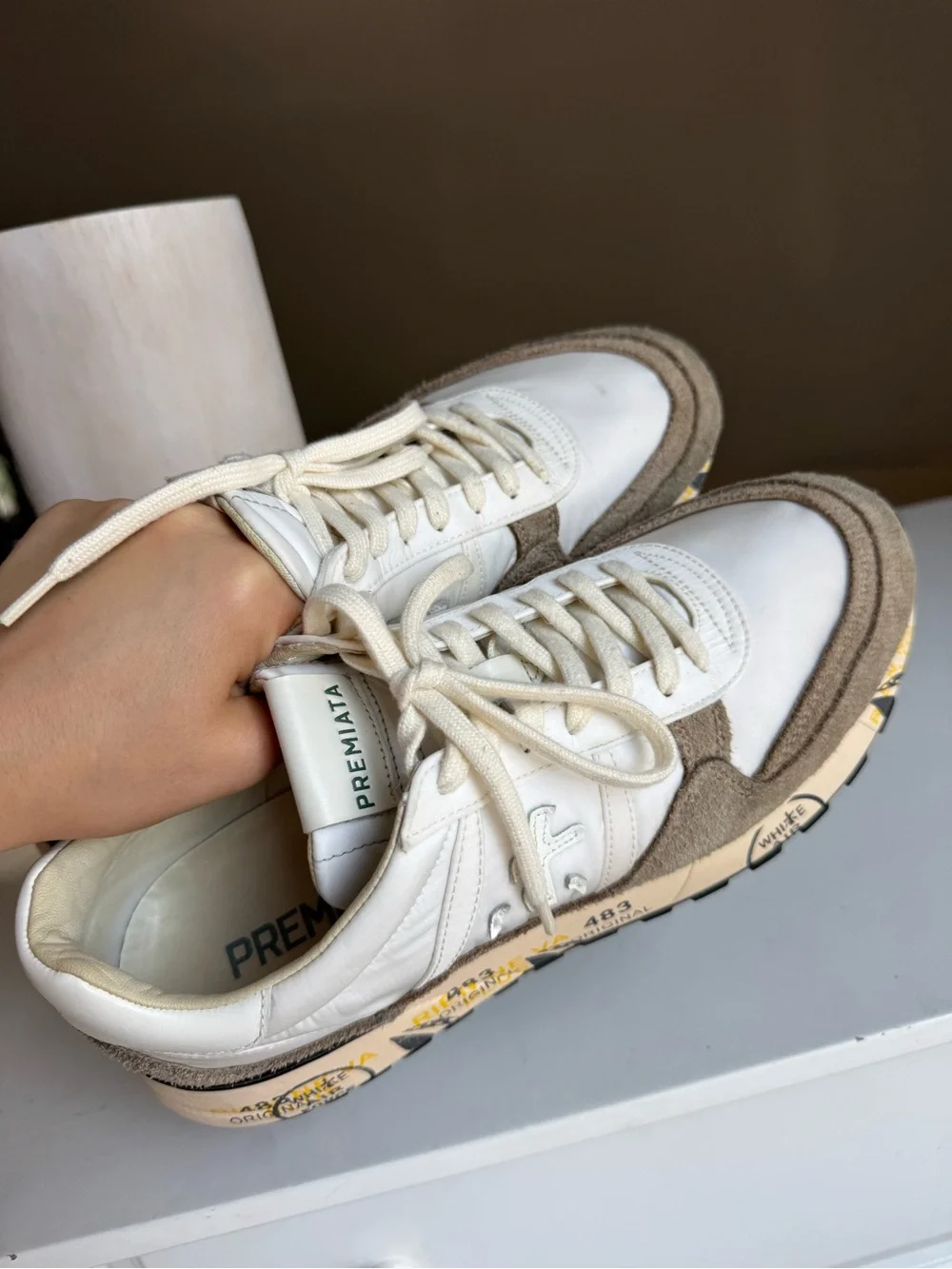 Premiata White & Taupe Suede Sneakers – Size 44